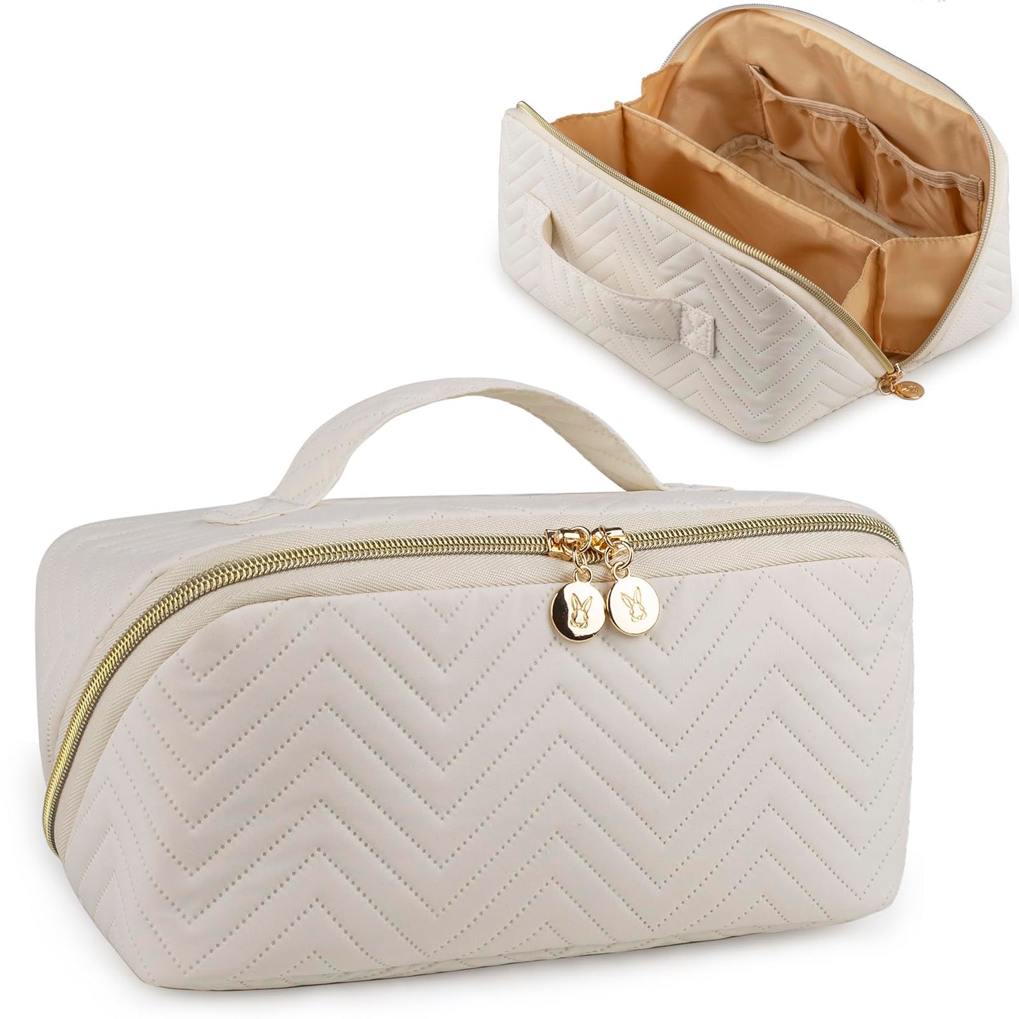 Bunnychill Makeup Bag Cosmetic Bag Large Capacity Travel Makeup Bag for Women with Portable Pouch Open Flat Water-resistant Toiletry Organizer Bag with Handle (Beige)