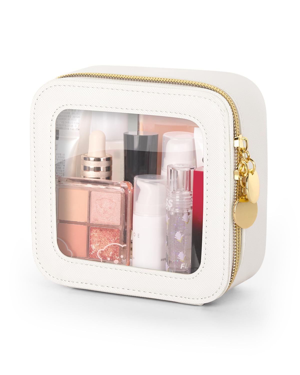 Soimeat Mini Neceser Bolsa de Maquillaje Pequeña para Bolso de Mano Bolsa de Maquillaje Transparente Impermeable Neceser de Cuero Bolsa de Maquillaje Cuadrada Bolsa de Aseo para Viajes Coche y Mujeres Beige