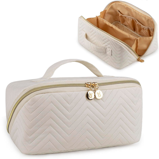 Bunnychill Neceser de Maquillaje Neceser Grande de Viaje para Mujeres con Bolsa Portátil que se Abre Completamente Neceser Organizador Impermeable con Asa (Beige)