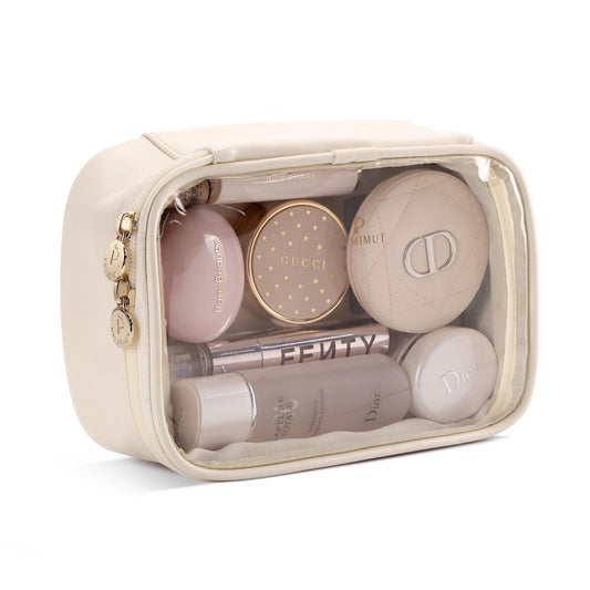Bolsa de maquillaje Pocmimut, bolsa de maquillaje pequeña, bolsa de maquillaje transparente de viaje, almacenamiento de accesorios para coche para mujeres, organizadores de artículos esenciales de viaje, beige