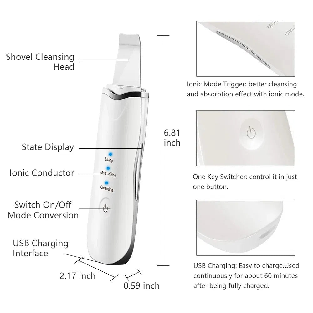 Refinador Ultrasónico de Piel Profesional Detox de Poros Dispositivo Facial de Grado Spa en Casa con Vibraciones de Alta Frecuencia