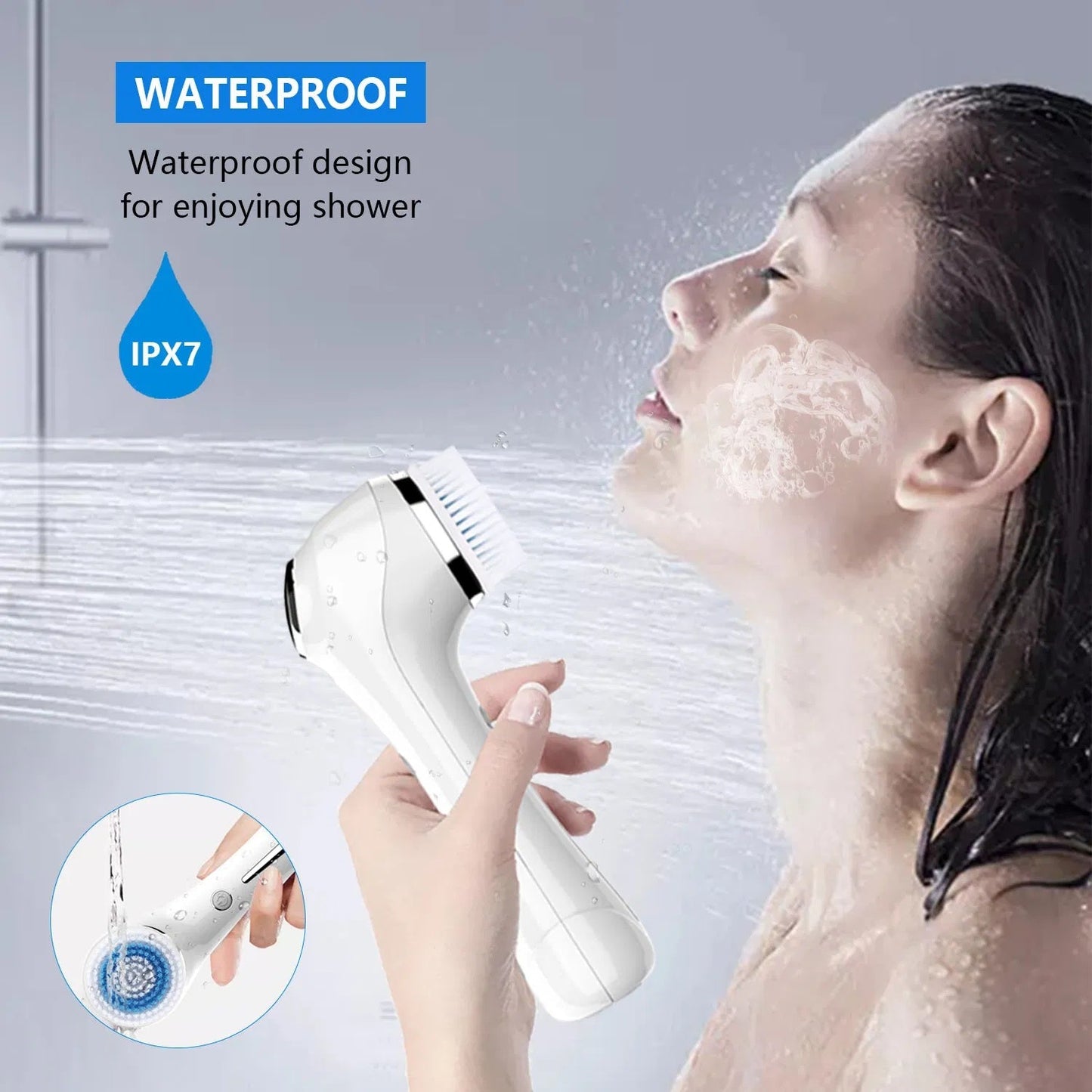 Cepillo Limpiador Facial 3 en 1 Limpieza Profunda Exfoliante Masajeador IPX7 Resistente al Agua Recargable Con 4 Cabezales de Cepillo Blanco